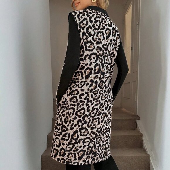 Casual Women's Leopard print Zip up Long Vest Jacket With Pockets - Picture 4 of 6